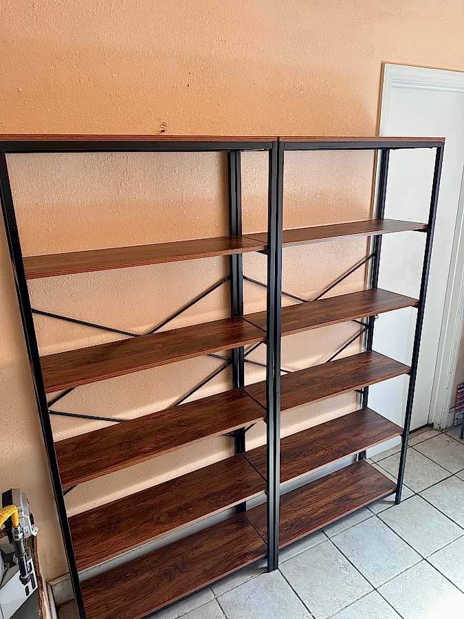 Assembled wood and metal bookcase